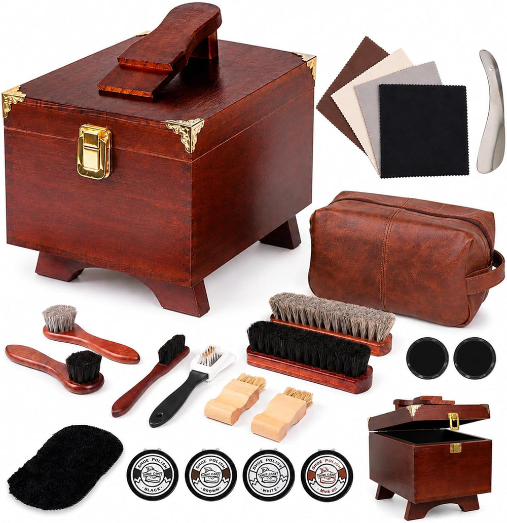 22Pcs Shoe Shine Box Kit with Leather Bag,Shoe Care Box with Stand,Wooden Sho...