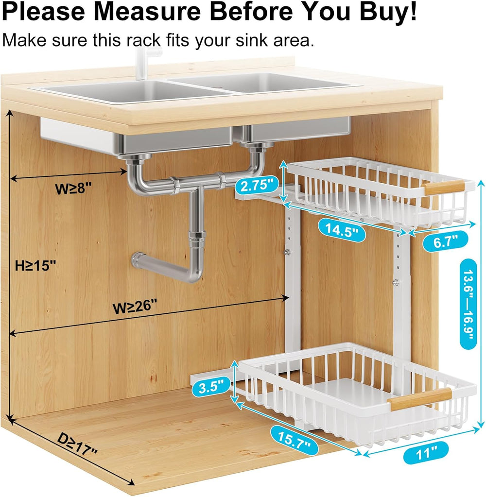 2 Pack Under Sink Organizer, 2-Tier Adjustable Height Slide Out Shelf,White