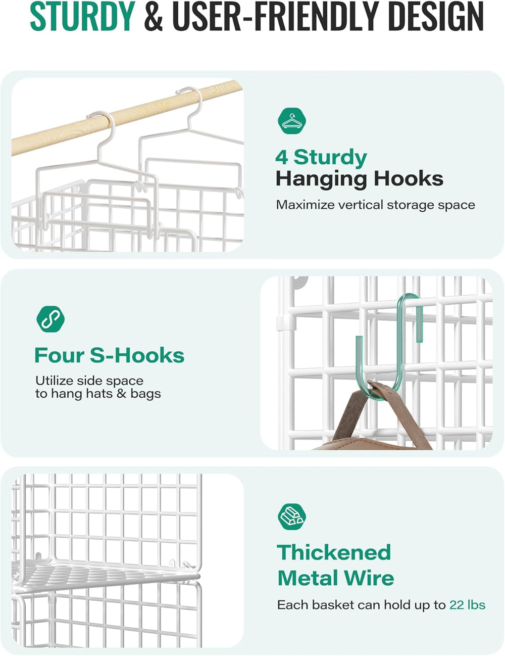 Hanging Closet Organizer, 4 Tier Metal Closet Organizers and Storage with 4 H...