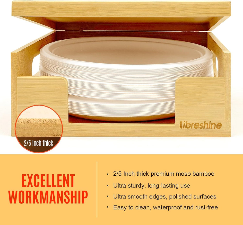 Bamboo Paper Plate Dispenser with Lid, Fits 8.5-10 Inch Plates