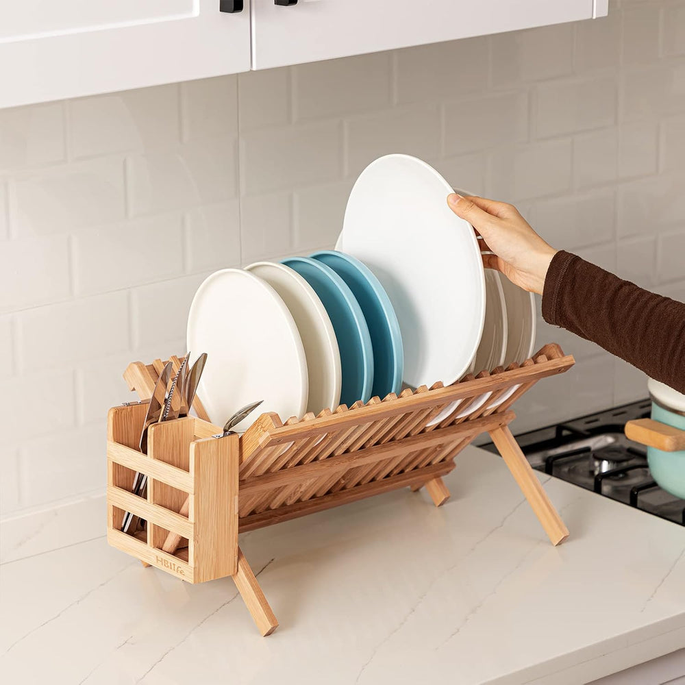 HBlife Dish Rack, Bamboo Folding 2-Tier Collapsible Drainer Dish Drying Rack ...