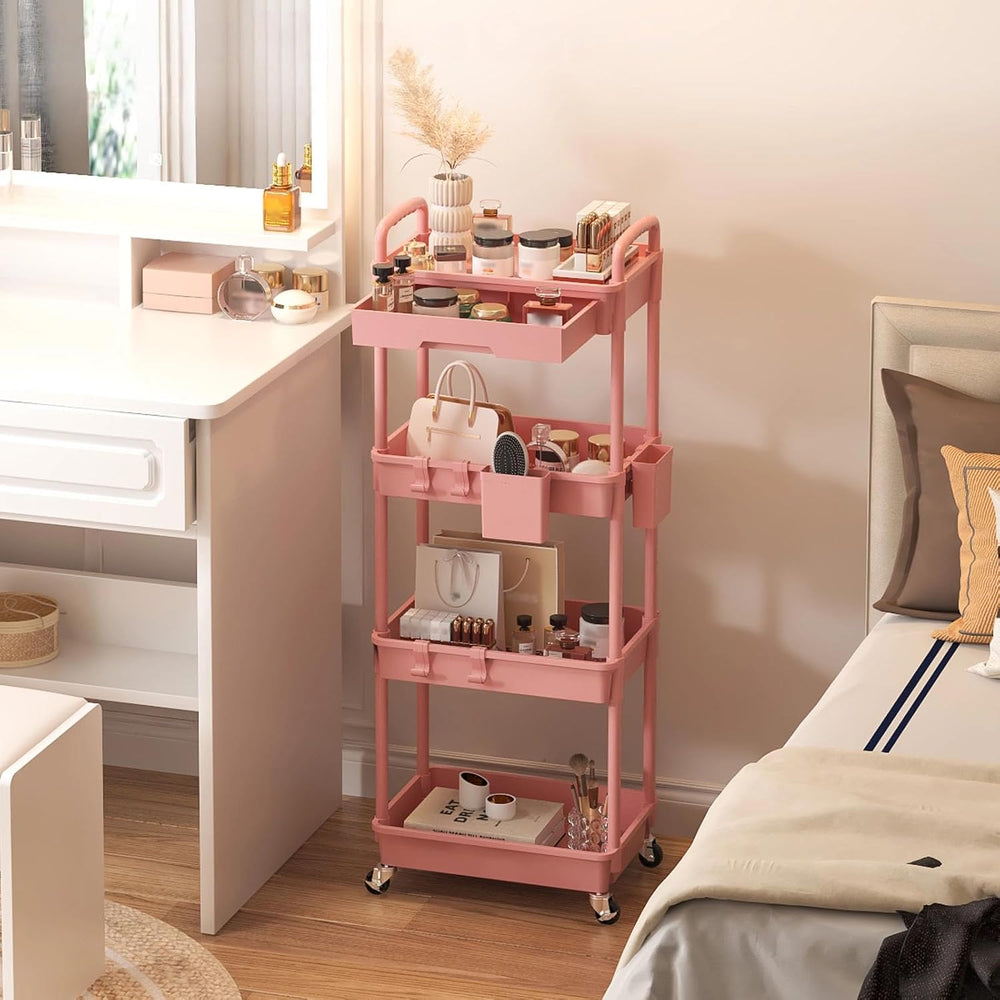 4 Tier Rolling Storage Cart with Drawer, Utility Carts with Wheels