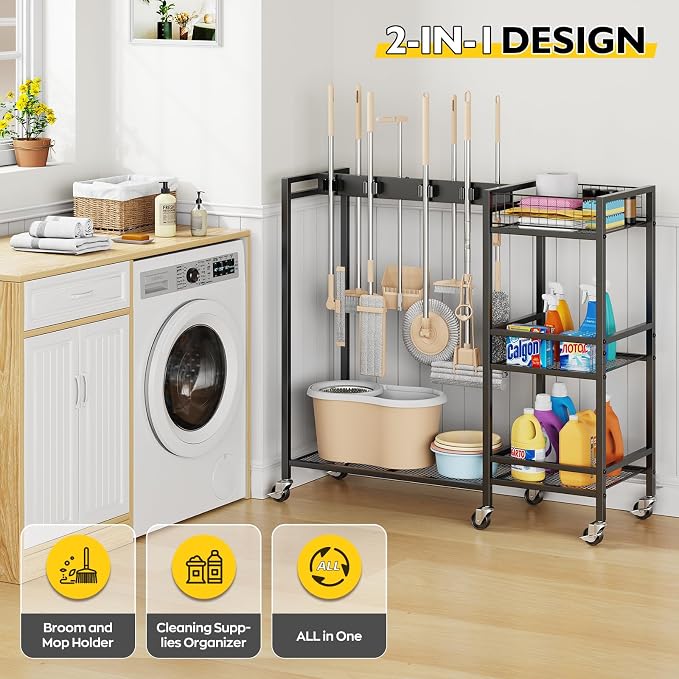 Broom Holder with Cleaning Supplies Organizer, Movable Broom Closet Storage