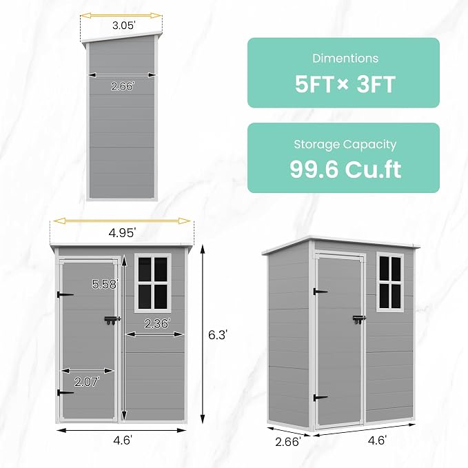 UDPATIO Outdoor Storage Shed 5x3 FT, Plastic Garden Shed