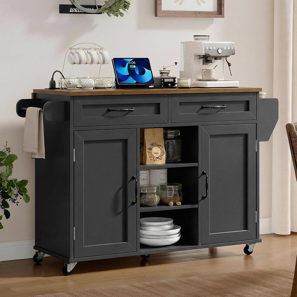 Kitchen Island with Power Outlets & Drop Leaf, Kitchen Cart with Storage,...