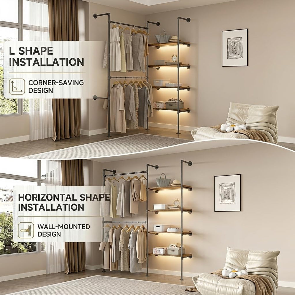 Expandable Industrial Pipe Clothing Rack with LED Lights