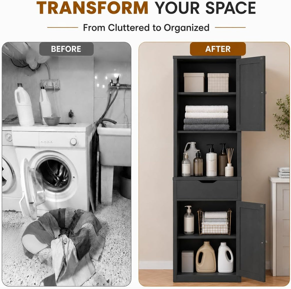 Walsunny Tall Bathroom Storage Cabinet with 6 Adjustable Shelves, Black