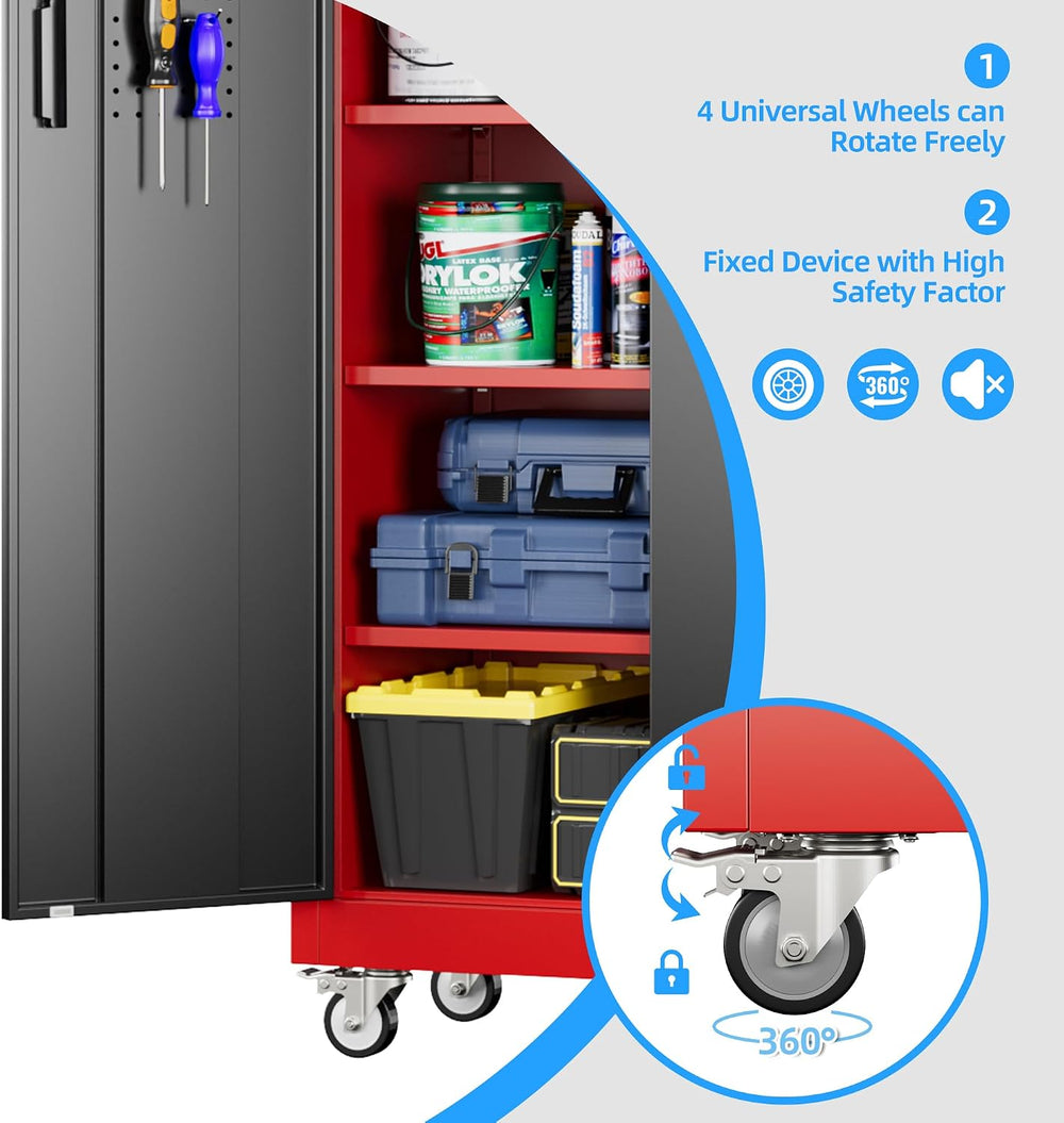 71"H Metal Garage Storage Cabinet,Tool Cabinet with Wheels,Pegboard