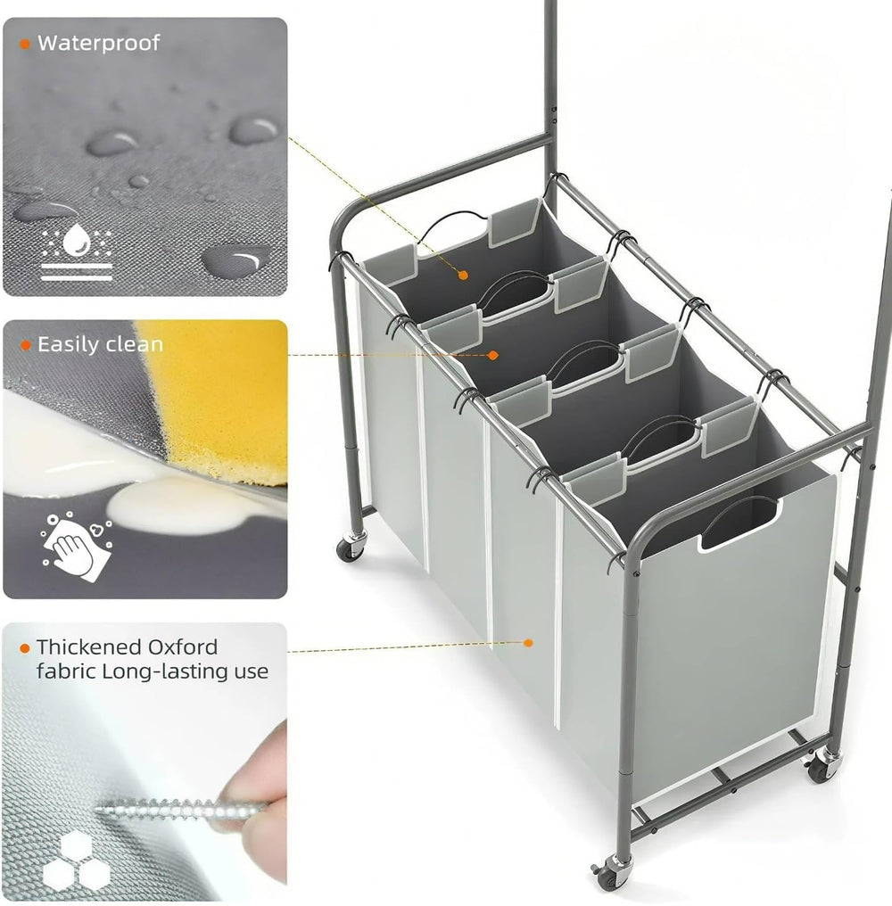 ROMOON Laundry Hamper Sorter Cart, 4 Section Organizer with Hanging Bar