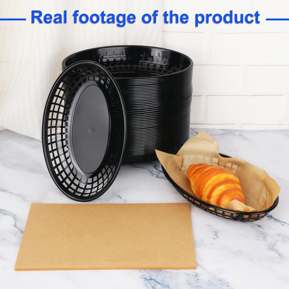 100 Pcs 9 x 5.7 Inch Reusable Black Oval Fast Food Baskets, Sturdy Plastic Pl...
