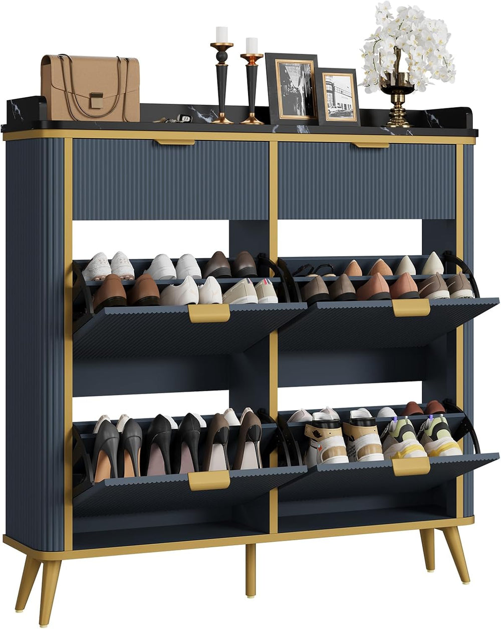 Fluted Shoe Storage Cabinet with 4 Flip Drawers & 2 Drawers, Freestanding...