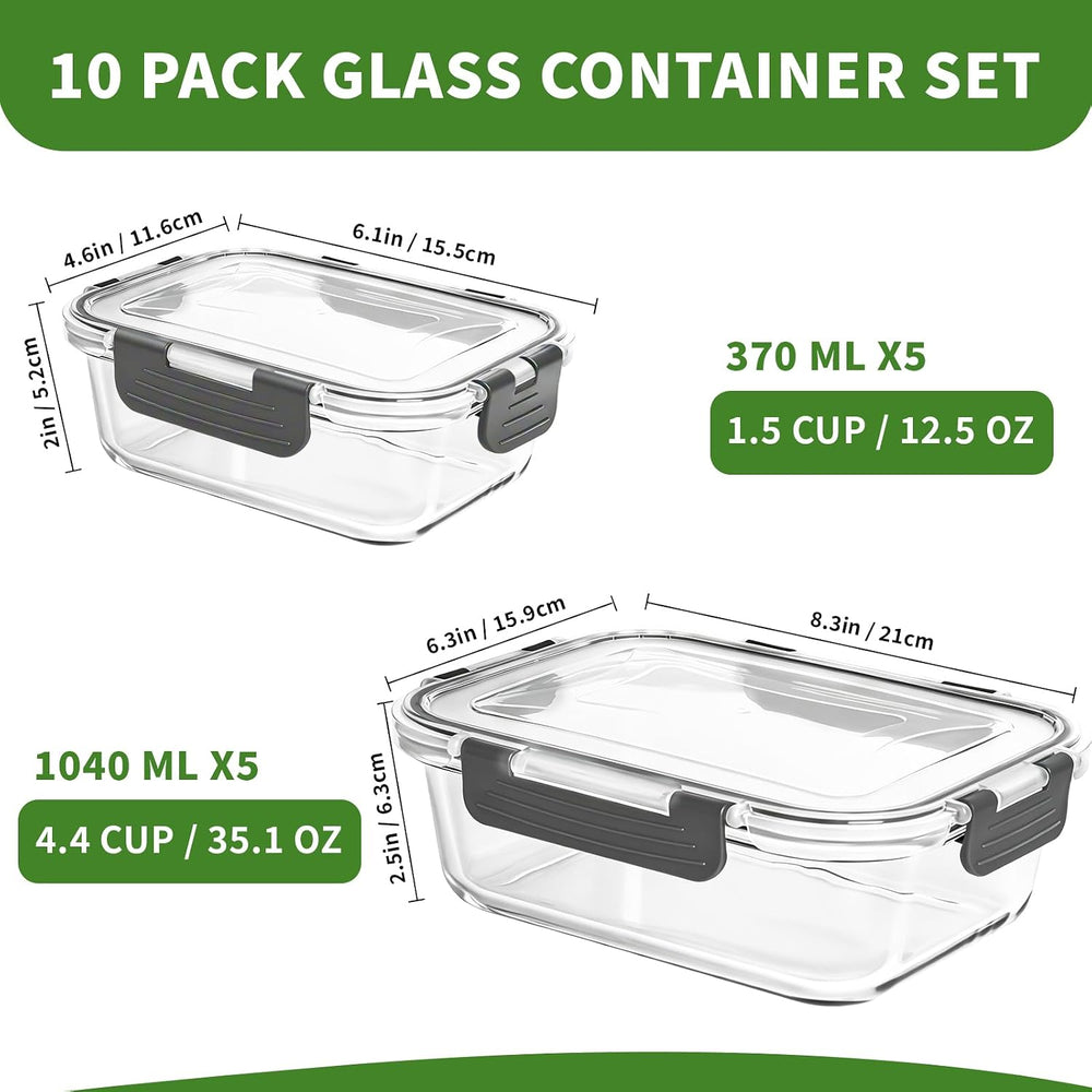 Glass Meal Prep Containers, 10 Pack Glass Food Storage Containers with Lids