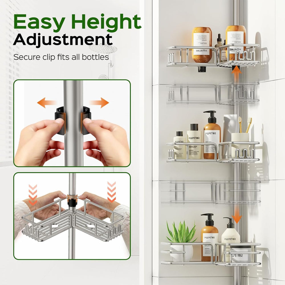 HAMITOR Shower Caddy Tension Pole, 4-Tier No Drill Corner Shower Organizer