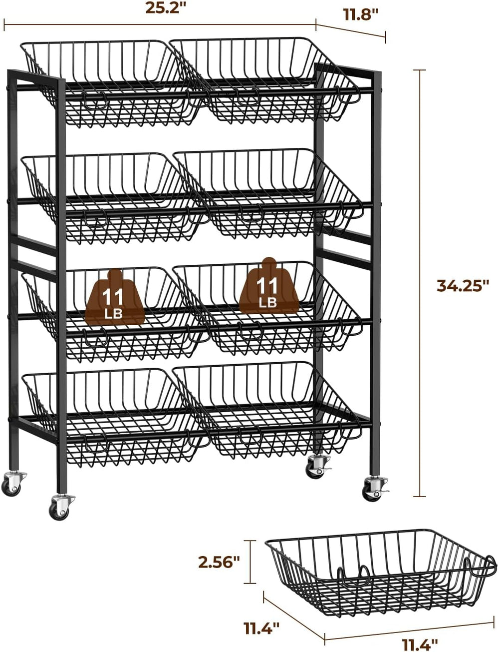 Evermagin 25.2" W Kitchen Storage Cart, 4-Tier Snack Cart with Wheels
