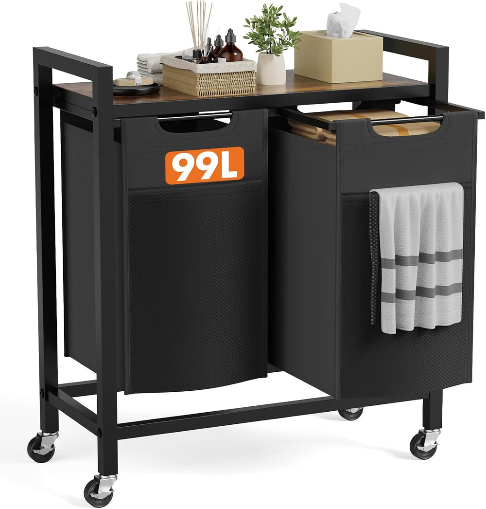 DUMOS Laundry Hamper with 2 Pull-Out Removable Sorter Bags, Movable Wheels, F...