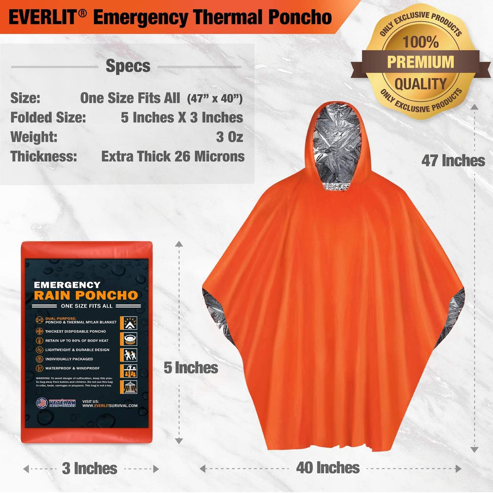 Everlit Survival Rain Poncho Emergency Mylar Space Blanket Camping Gear-Retai...