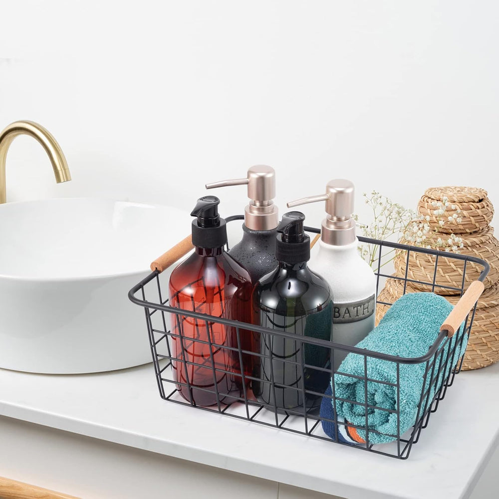 Wire Basket 4 Pcs Metal Wire Storage Basket with Wooden Handles for Pantry