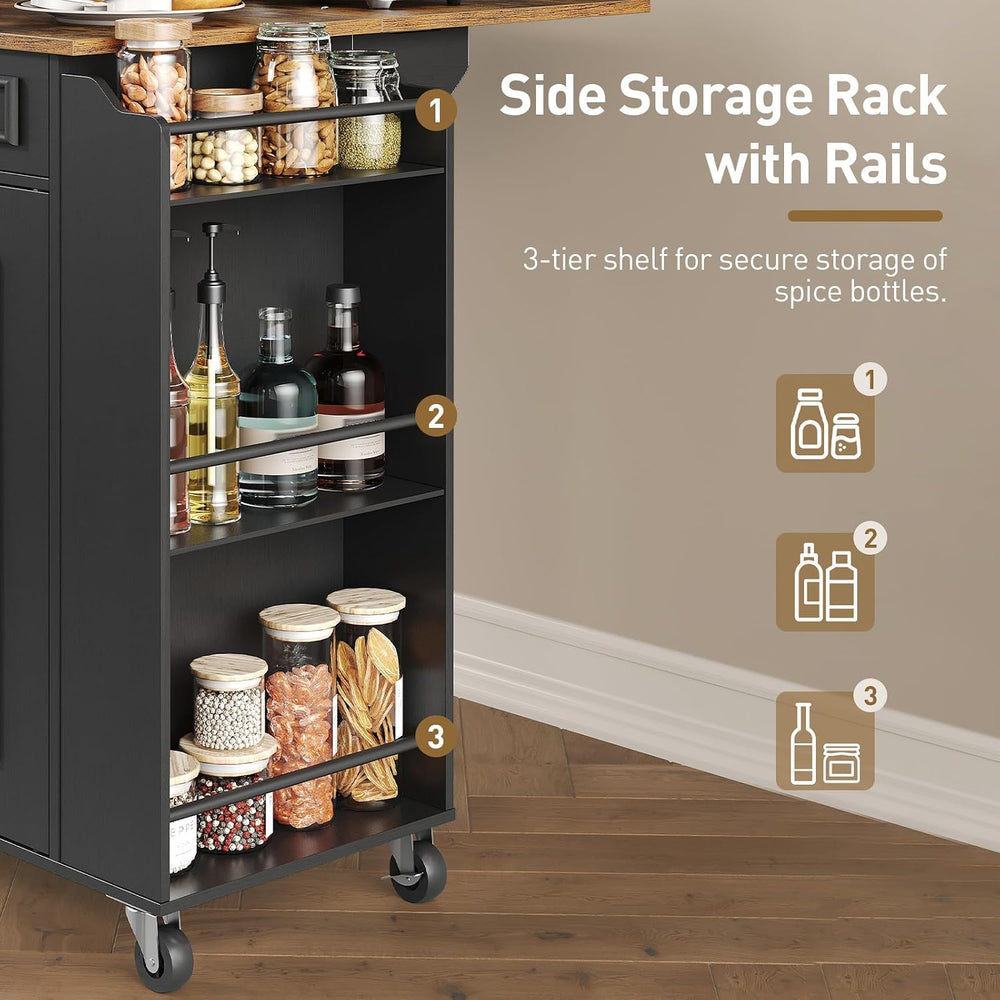 Kitchen Island with Power Outlets & Drop Leaf, Rolling Kitchen Cart on Wh...