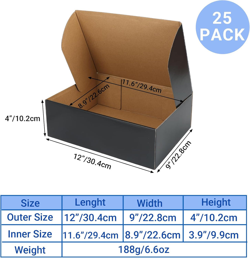 Black 12x9x4 Shipping Boxes Set of 25, Corrugated Cardboard Mailer Boxes with...