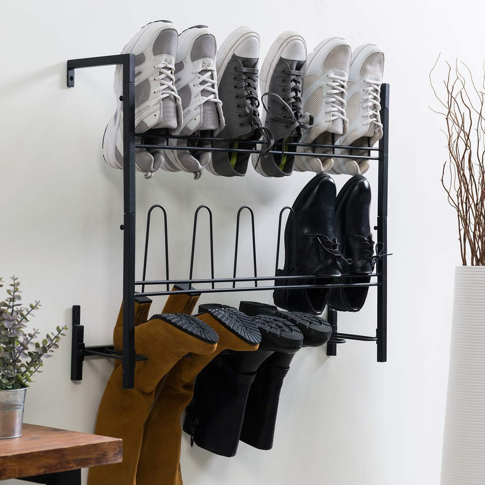 MyGift Black Metal Wall Mounted Shoe Rack Organizer, Holds 9 Pairs