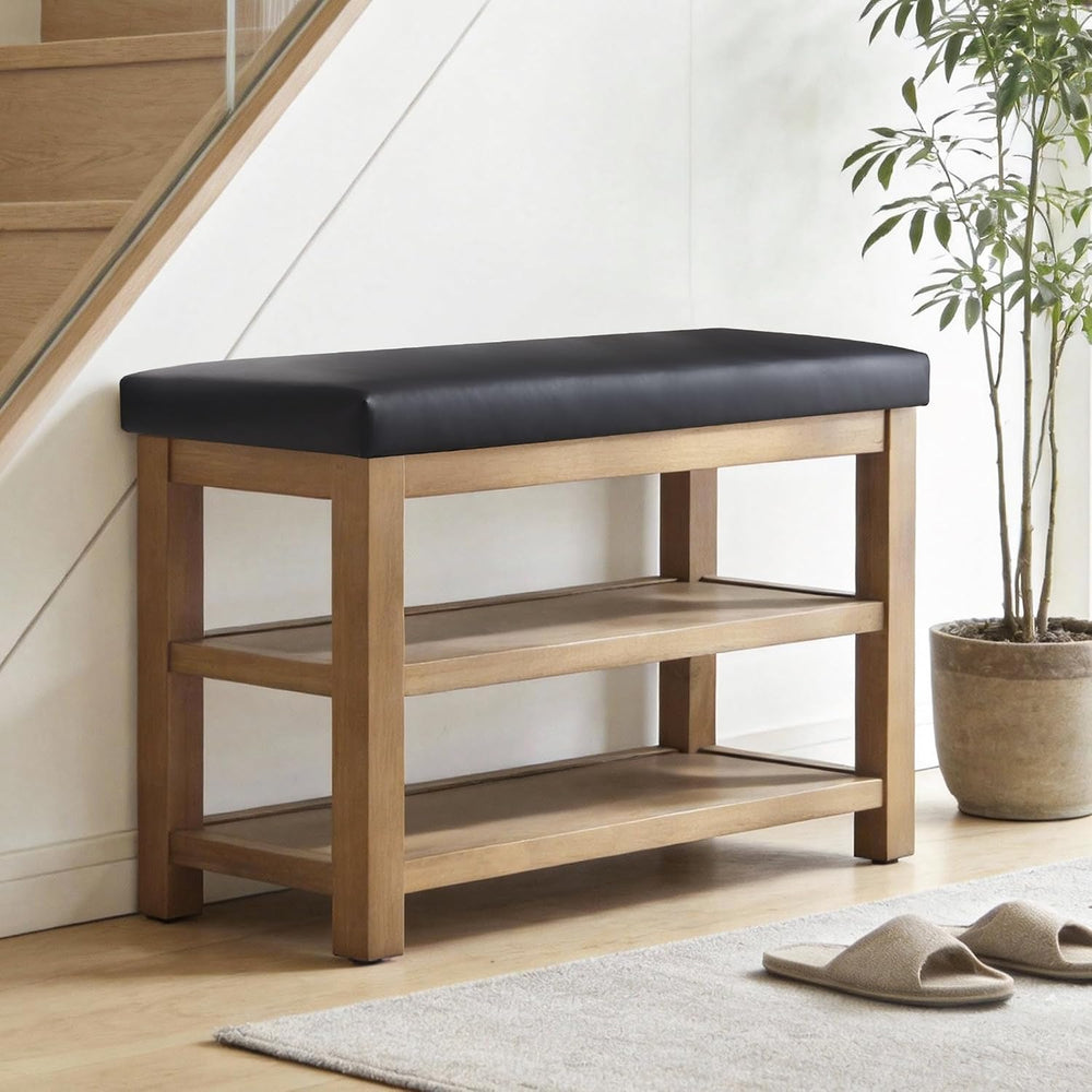 Zihanhome Shoe Rack Bench with Leather Cushion, 2 Tier Solid Wood Storage Ben...