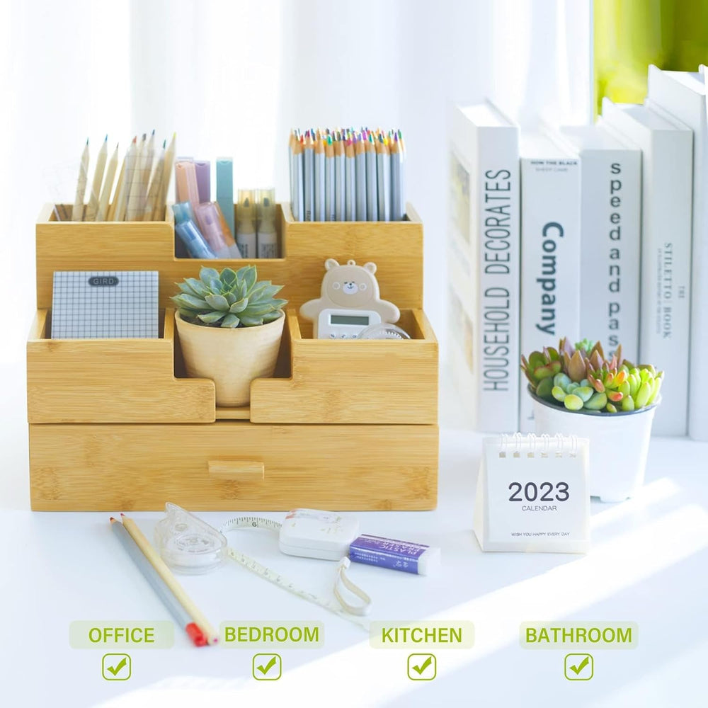 Bamboo Desk Organizer - Countertop Drawers Organizer Tabletop Storage Organiz...