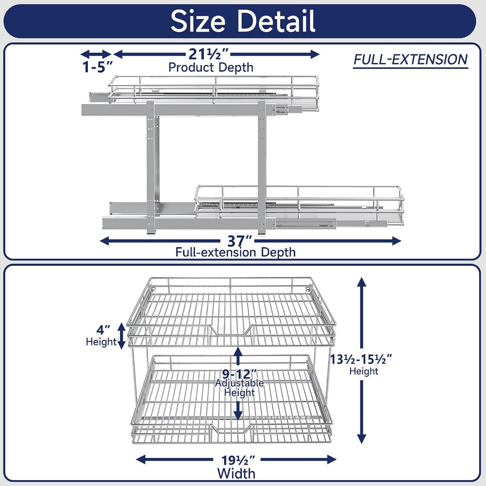 2-Tier Pull Out Cabinet Organizer, 19.5" W x 21.5" D, Heavy Duty Du...