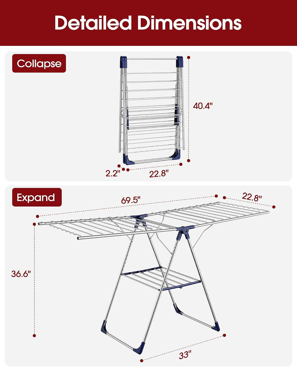 Sakugi Clothes Drying Rack, 69.5" Adjustable Wings, Foldable Design