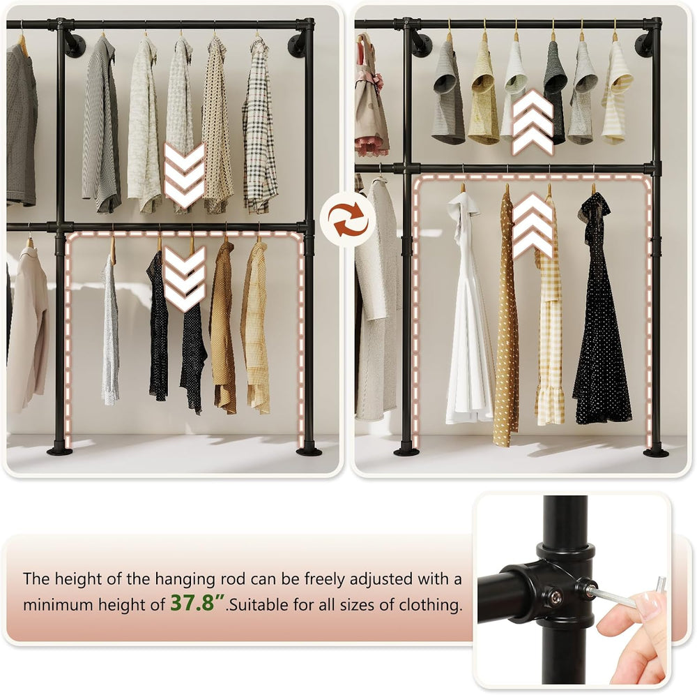 KELIXU 114.4" Industrial Pipe Clothing Rack for Wall Adjustable Height W...
