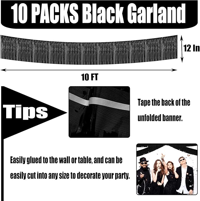 10 Pack 10 Feet Black Foil Fringe Garland Metallic Tinsel Streamers Banner Wa...
