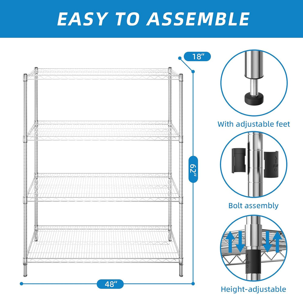 Guan River 4-Shelf Heavy Duty Wire Shelving,Chrome,48" L x 18" W x ...