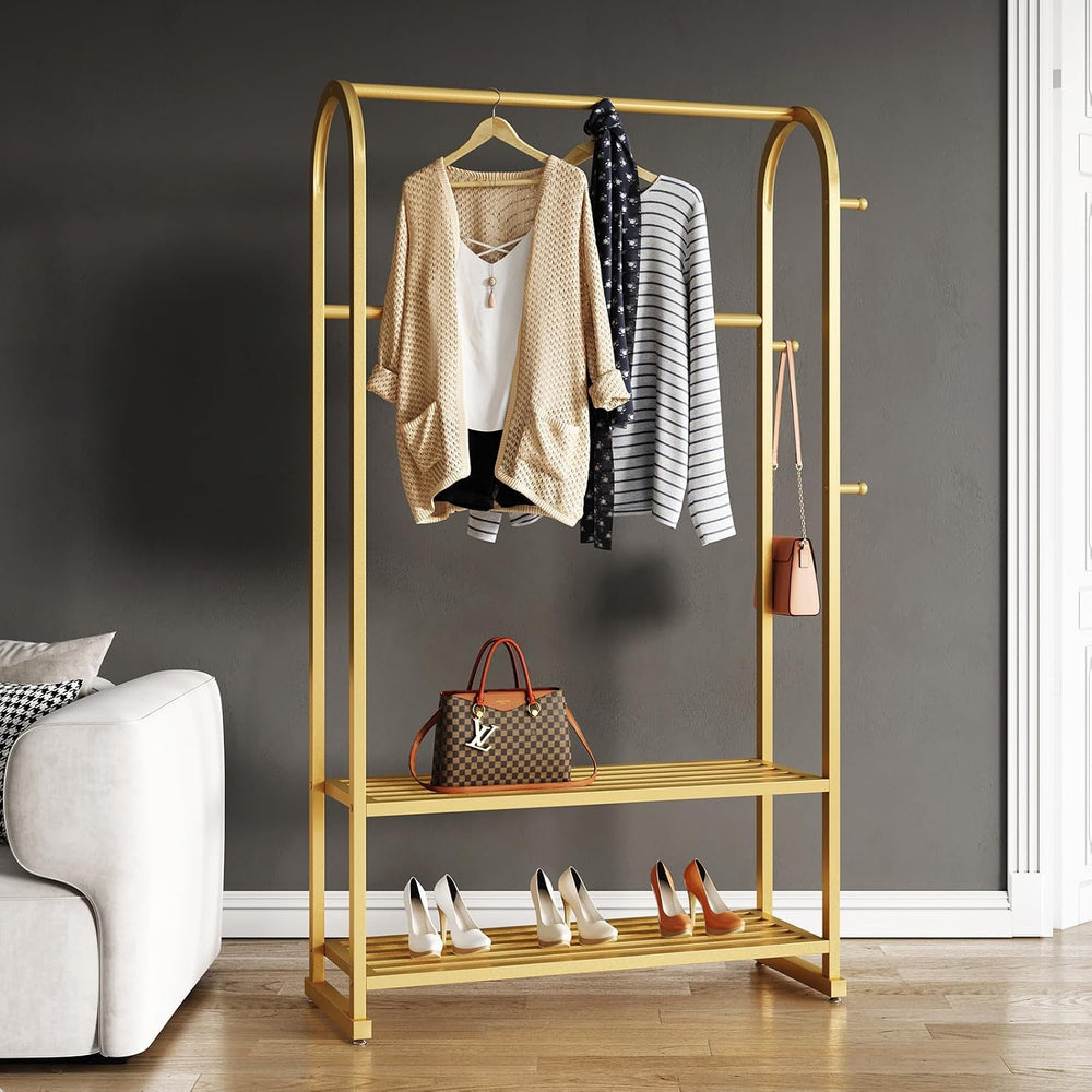 Gold Clothing Rack with 2 Shelves and Side Hooks,Freestanding Metal Garment R...