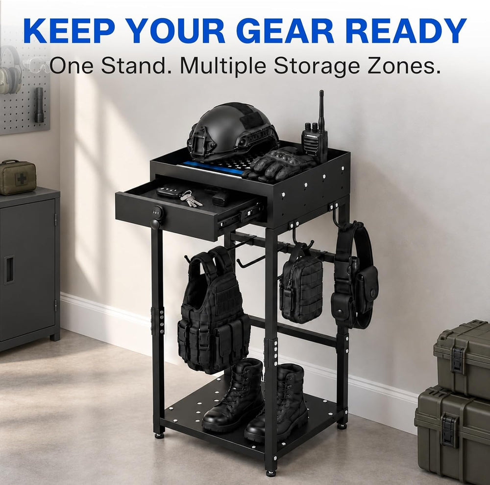 Police Gear Stand, Heavy Duty Steel Tactical Gear Rack w Lockable Drawer