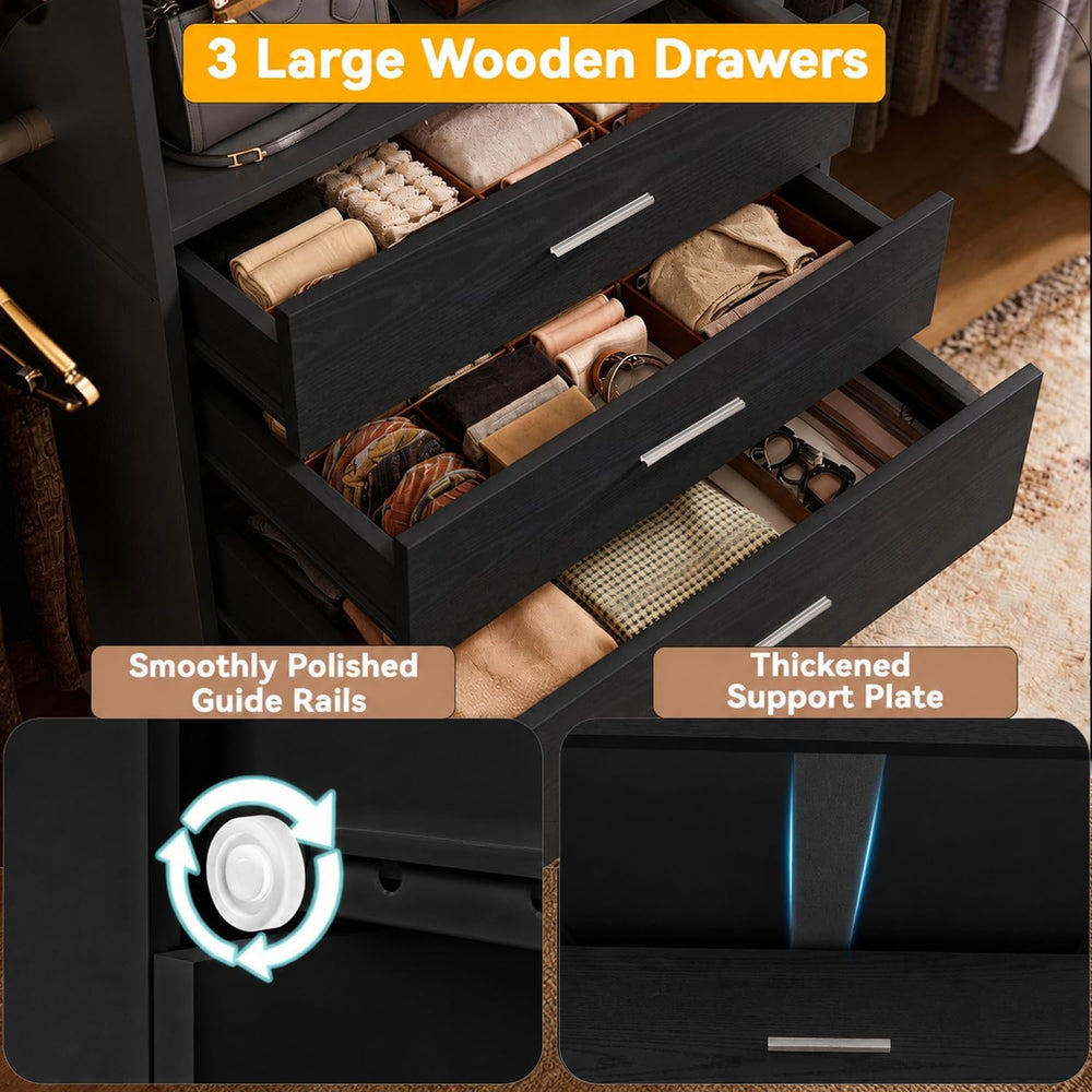 Wooden Closet System With LED Light 11FT Closet Organizer with 3 Wooden Drawe...