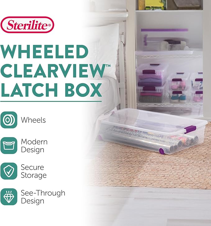 Sterilite 4-Pack 60 Quart ClearView Latch Box, Wheeled Underbed Organizer Bins