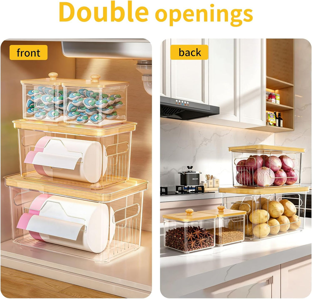 FELIZHOUSE 4 Pack Trash Bag Holder with Bamboo Lid, Stackable Garbage Bag Dis...