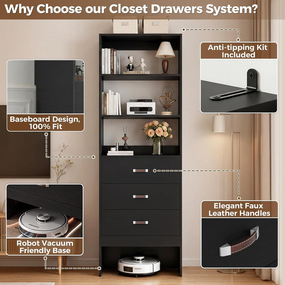 Freestanding 1.8FT Closet System with Leather Handles for Small Space Black