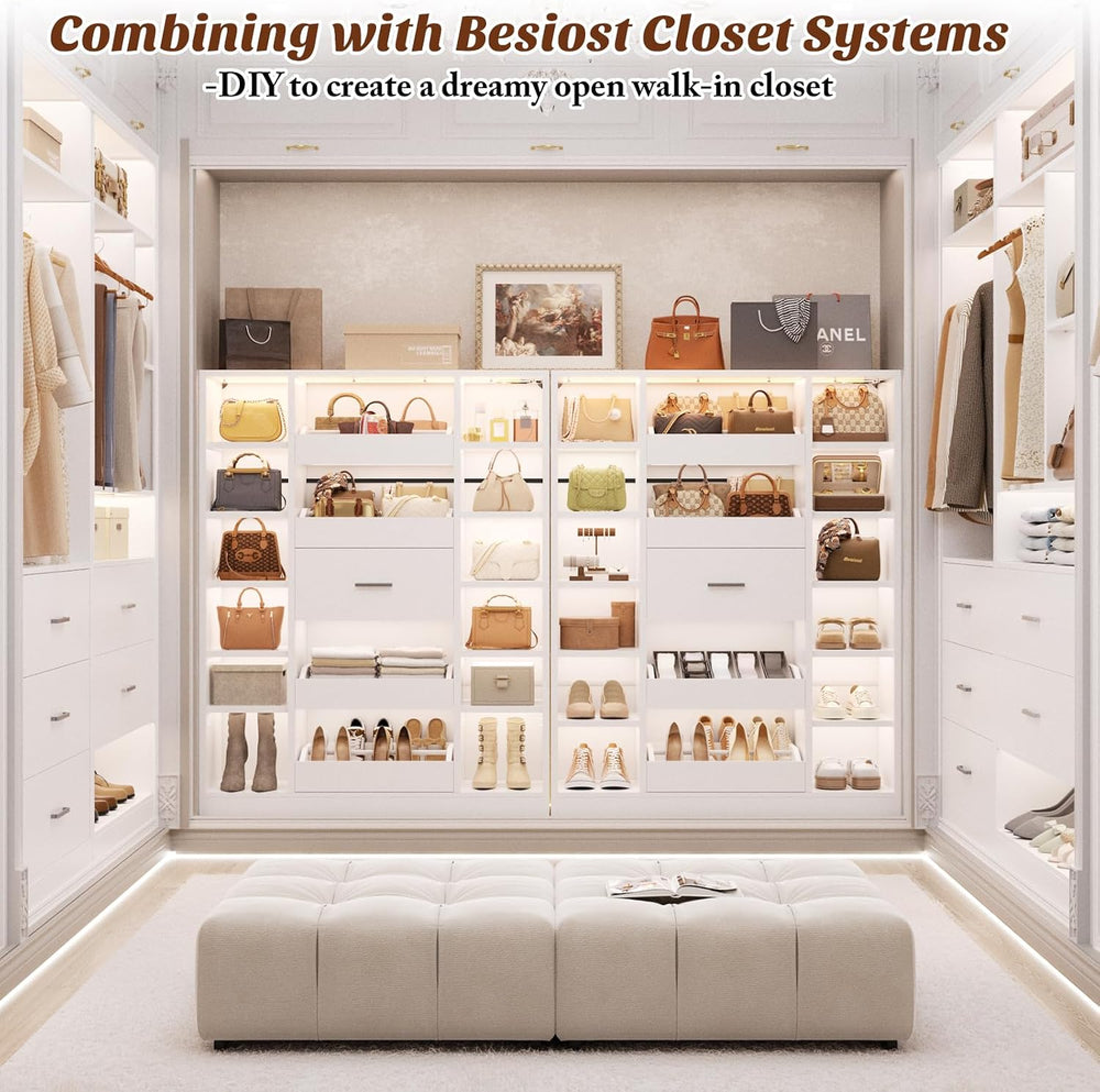 Besiost 40" Closet System with Lights, Wood Closet Organizer with 5 Drawers