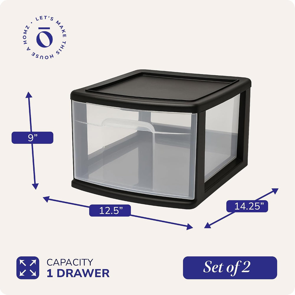 HOMZ Drawer Storage Cart, Wide Plastic Container, Black Frame, 2 Pack