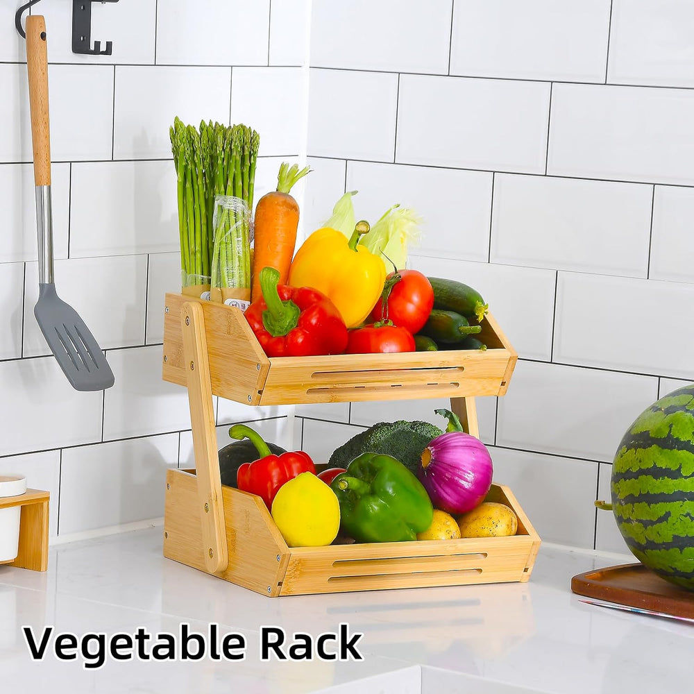 2-Tier Bamboo Fruit Basket - 11" Tall Kitchen Countertop Stand