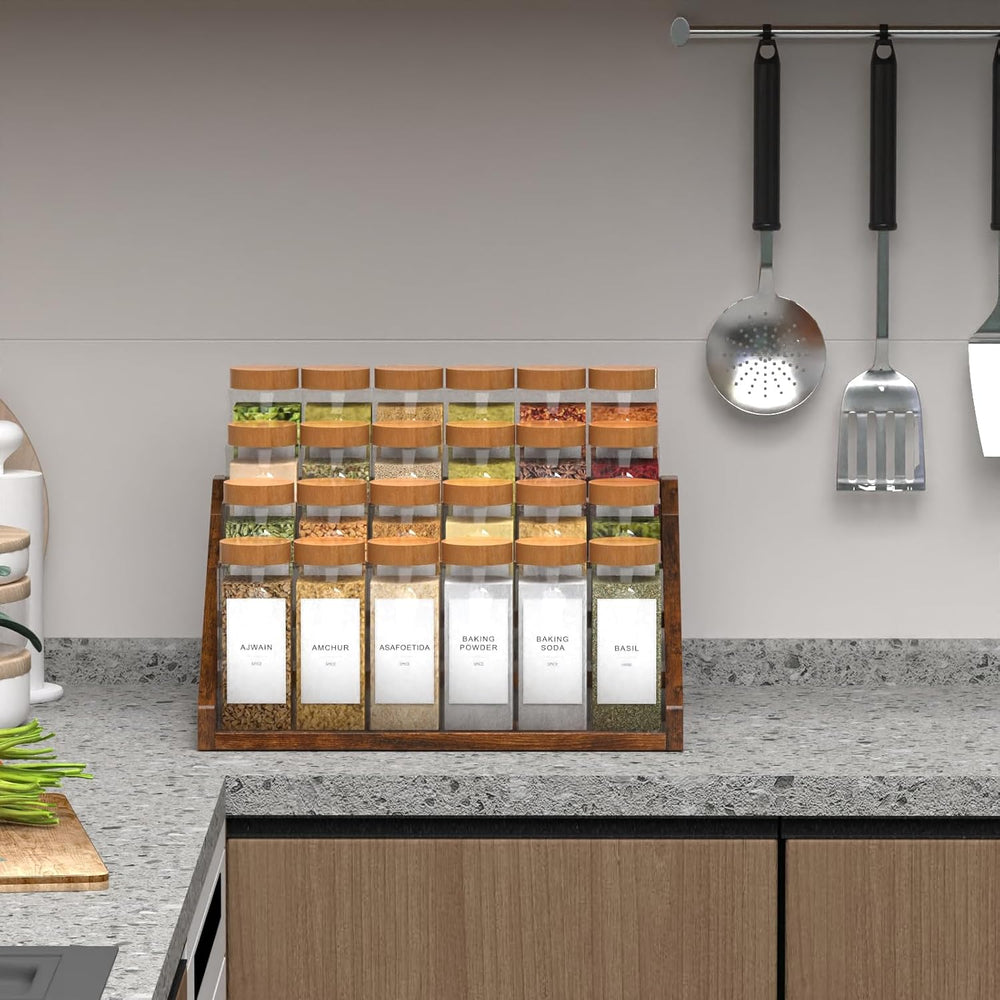 4 Step Spice Rack Organizer for Cabinet, Robust Wooden Display Riser Shelf Se...