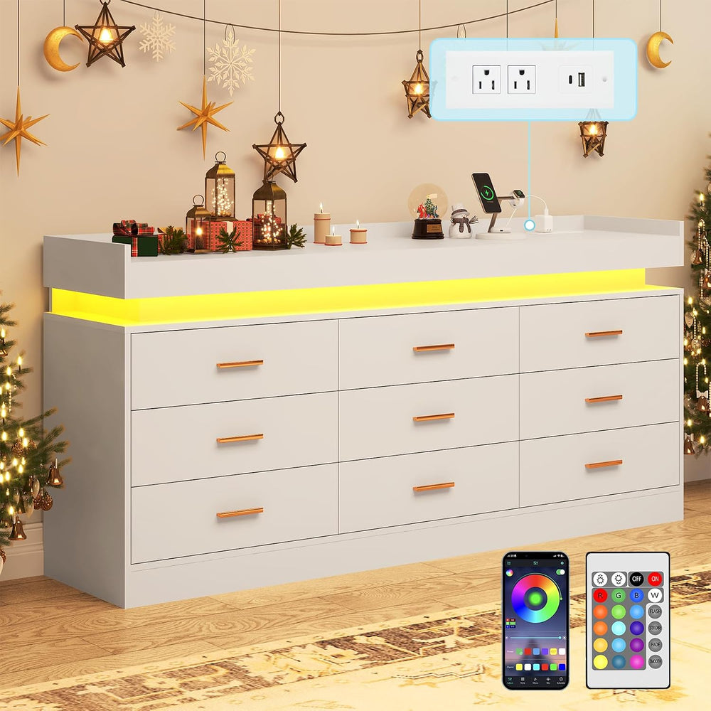 jiteentarou 9 Drawer Dresser with Charging Station and LED Lights, Modern Che...