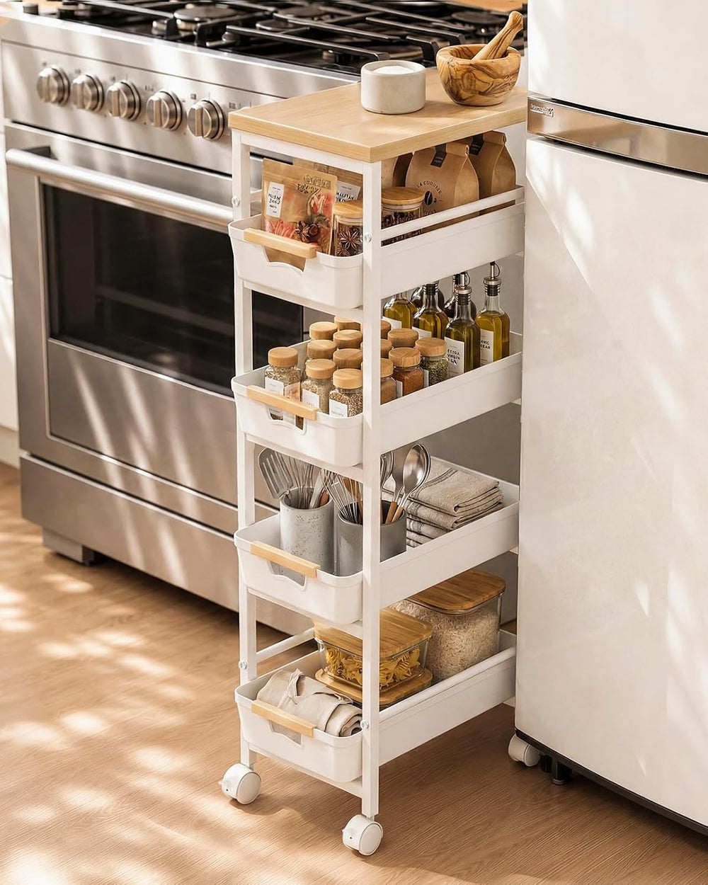 Pipishell Slim Storage Cart, Wooden Top Narrow Kitchen Storage Cart, White