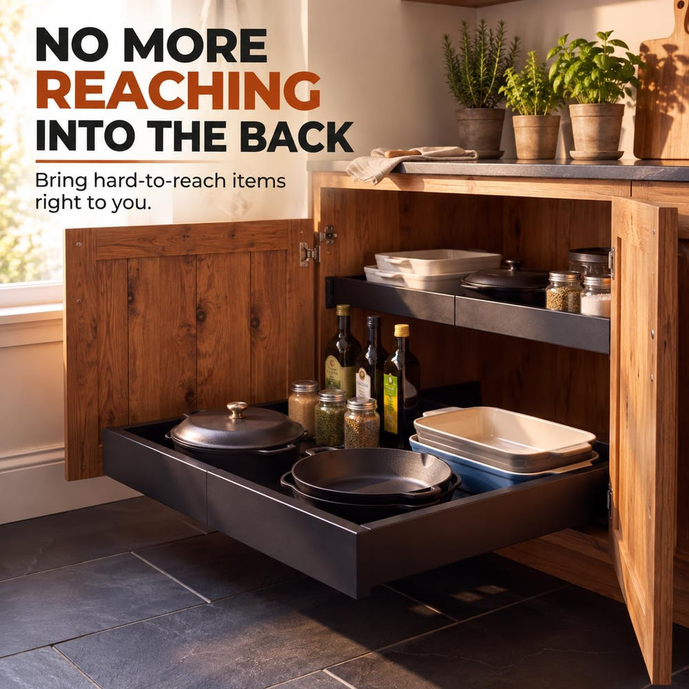 Expandable Pull Out Cabinet Organizer | 4-Way Adjustable Carbon Steel