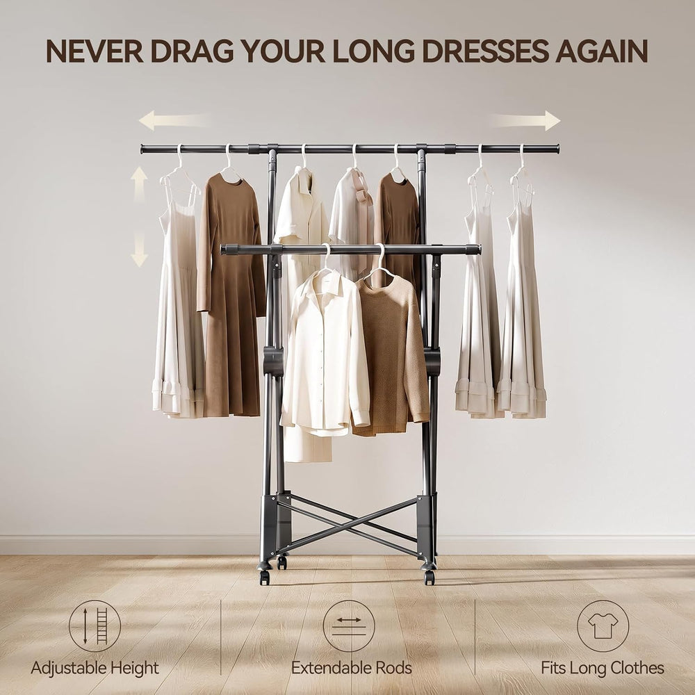 SUJI Clothes Drying Rack, Dual Rod with Wheels, Grey Foldable