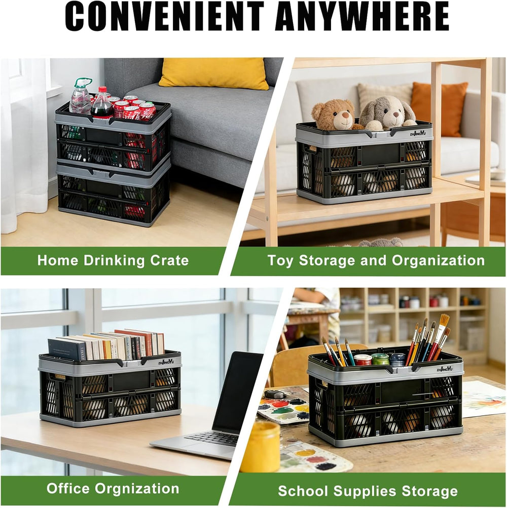 20L Plastic Basket with handles,2-pack Black Collapsible crates for storage