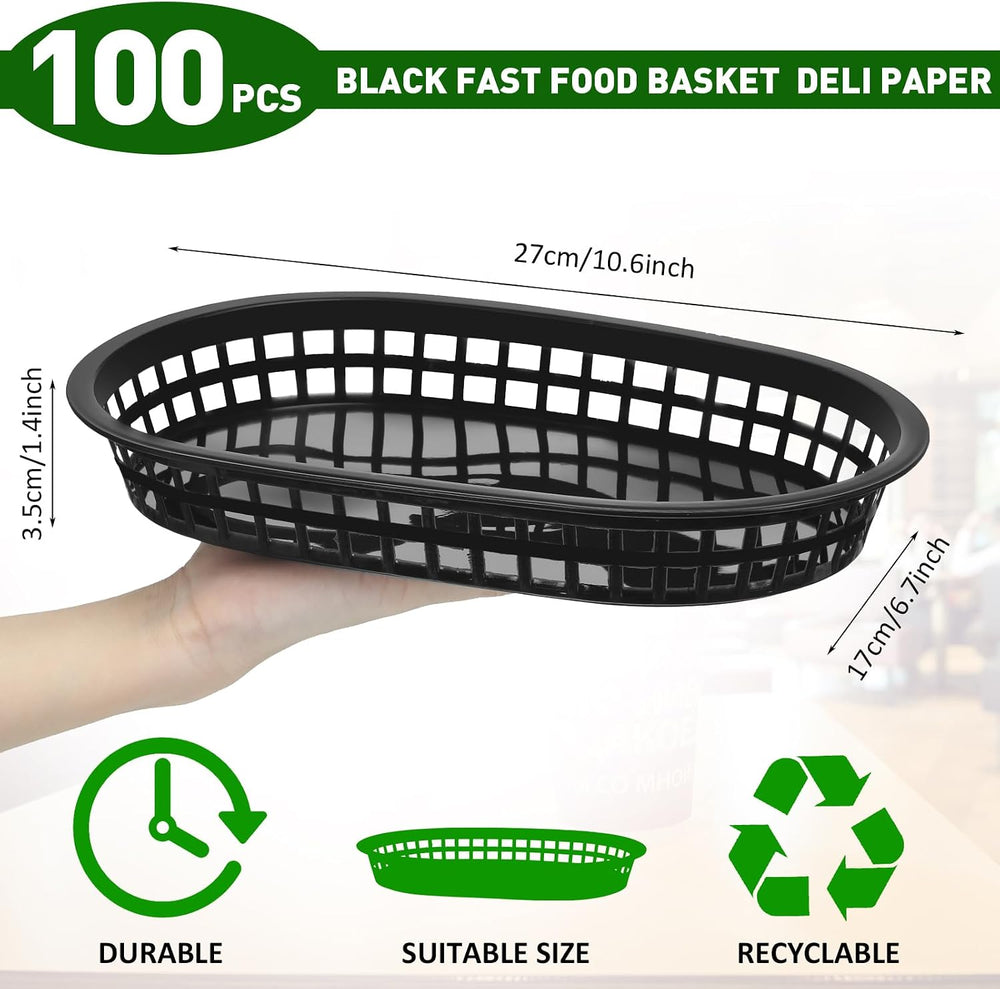 Mimorou 100 Pcs Black Fast Food Baskets 10.5 x 7 Inch