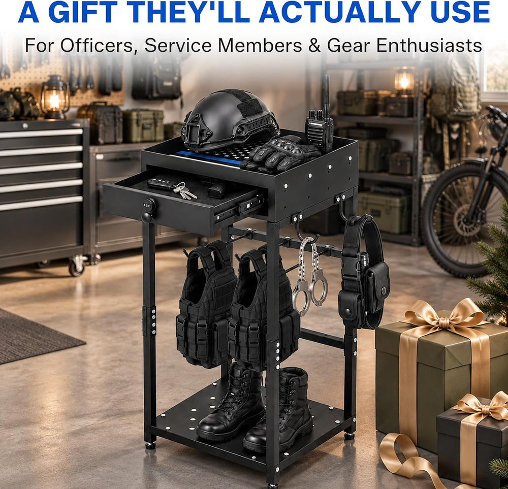Police Gear Stand, Heavy Duty Steel Tactical Gear Rack w Lockable Drawer