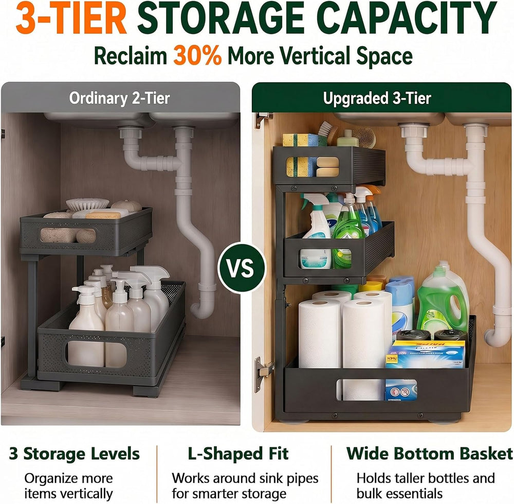 3 Tier Under Sink Organizer for Bathroom, Pull Out Drawers, 2 Pack