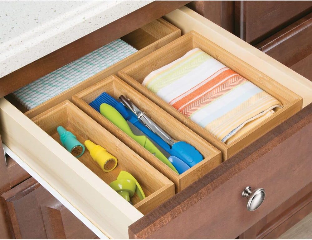 mDesign Wooden Bamboo Drawer Organizer - 9" Long Stackable Storage Box T...